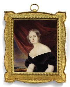 A Young Lady Called Madame Bouclier, In Decollete Black Velvet Dress With Puffed Sleeves And White Underdress A Young Lady Called Madame Bouclier, In Decollete Black Velvet Dress With Puffed Sleeves And White Underdress