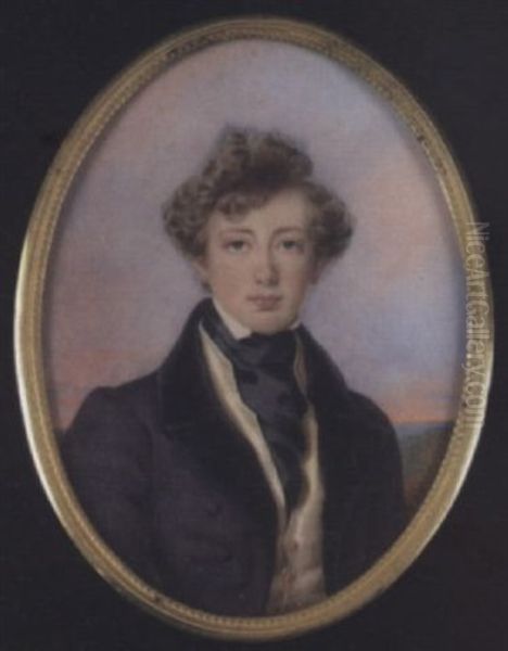 A Young Gentleman Wearing Dark Purple Coat With Black Lapels And Collar, Pale Yellow Waistcoat And Black Cravat - view 1