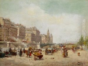 Market Day On The Seine, La Conciergerie In The Distance