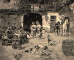 A Courtyard Scene With Cavalier Figures by Joaquin Miro