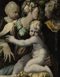 The Madonna And Child With The Infant Saint John The Baptist And Saint Catherine by Girolamo Miroli