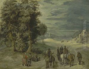 A Wooded Landscape With Peasants And A Horse-drawn Cart In The Foreground by Anton Mirou