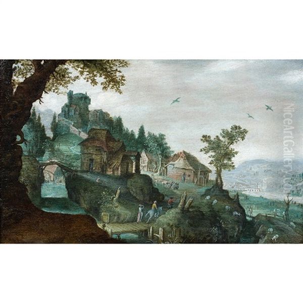 Paysage D'ete Avec Des Voyageurs Sur Un Pont - view 1