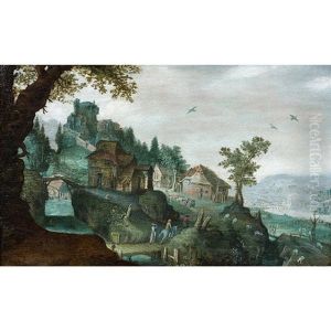 Paysage D'ete Avec Des Voyageurs Sur Un Pont by Anton Mirou