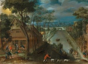 An Extensive Village Landscape With A Canal by Anton Mirou