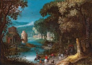 A River Landscape With A Horse-drawn Cart And Travelers On A Path A River Landscape With A Horse-drawn Cart And Travelers On A Path
