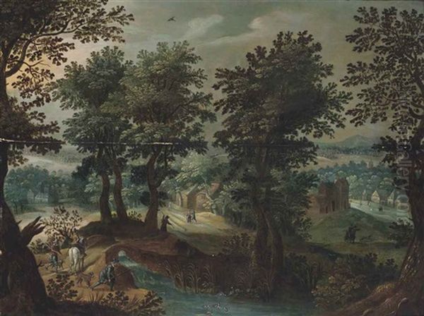 A Wooded River Landscape With A Hunting Party And Travellers On A Path, A Town Beyond - view 1