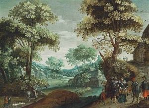 A Wooded River Landscape With An Elegant Company And Other Travellers On A Path, A Town Beyond A Wooded River Landscape With An Elegant Company And Other Travellers On A Path, A Town Beyond