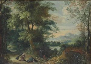 A Wooded Landscape With Pyramus And Thisbe by Anton Mirou