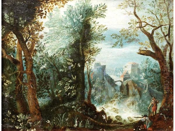 Huntsmen In A Wooded Landscape, A Village Beyond - view 1