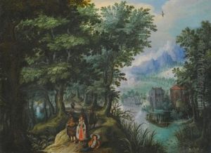 A River Landscape With Elegant Figures On A Path, A Village On The Far Bank A River Landscape With Elegant Figures On A Path, A Village On The Far Bank