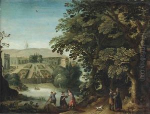 An Elegant Company Strolling Through A Woodland Park, A Lake And A Formal Garden Beyond