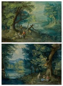 Personnages Se Promenant Au Bord D'une Riviere (+ Personnages Discutant Dans Un Paysage De Riviere; Pair)
