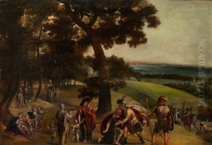 The Reconciliation Of Jacob And Esau In An Extensive Wooded Landscape by Anton Mirou