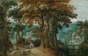Bewaldete Landschaft Mit Einem Bauernpaar Auf Dem Weg Zum Markt Und Einem Ziegenhirten by Anton Mirou