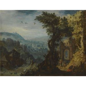 An Extensive Landscape With Figures On A Path To The Right And A Village With A Mill To The Left by Anton Mirou