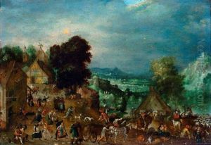 Bauerliche Szenerie Mit Pferdefuhrwerk, Schafen Und Tanzenden Bauern
