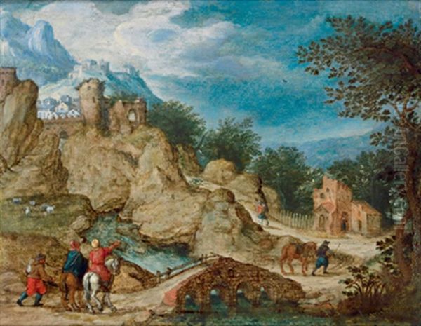 Berglandschaft Mit Reisenden Und Einer Steinbrucke - view 1