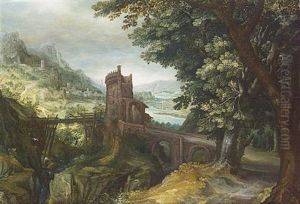 A Mountainous River Landscape With Figures Resting Amongst Trees And The Ruins Of A Castle by Anton Mirou