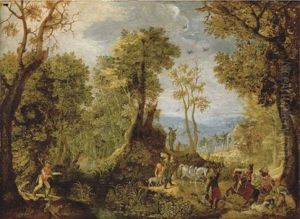 Hunters In A Wooded Landscape With A Village And An Extensive Landscape Beyond by Anton Mirou