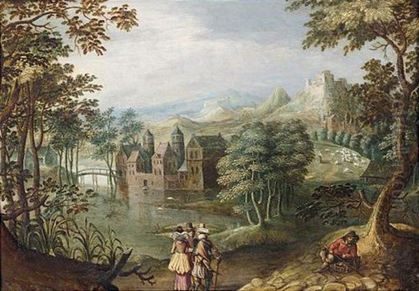 A Wooded Landscape With Two Cavaliers And A Lady Conversing Before A Lake, A Peasant To The Right - view 1