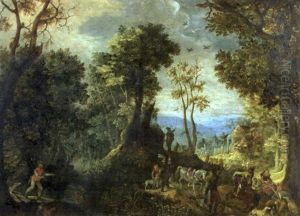 A Hawking Party With Sportsmen And Hounds In A Landscape by Anton Mirou