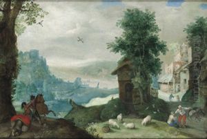 Gebirgige Flusslandschaft Mit Einem Dorf Und Figuren by Anton Mirou