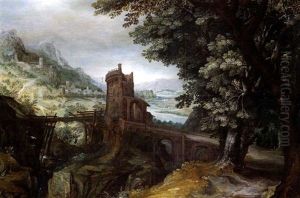 Bewaldete, Gebirgige Landschaft Mit Einer Steinernen Bogenbrucke Und Einem Turm