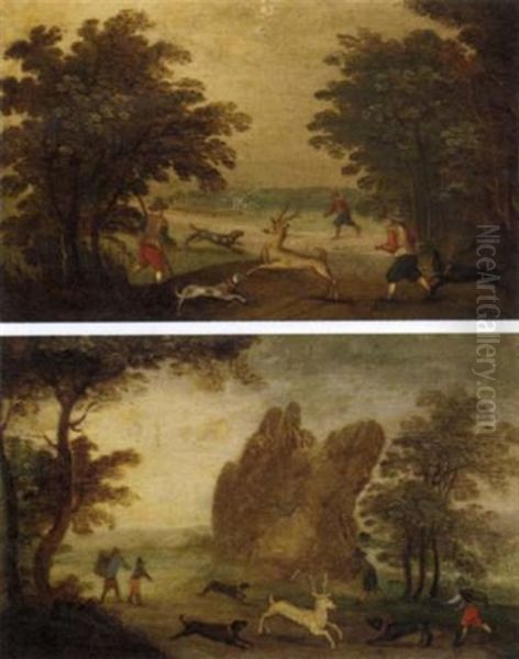 A Wooded Landscape With A Stag Hunt Crossing A Track - view 1