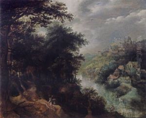 An Extensive Wooded River Landscape With A Huntsman And His Dogs On A Path, A Village Beyond