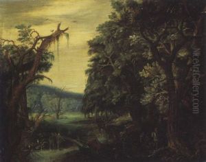 A Wooded Landscape With A Hermit Being Watched By Soldiers