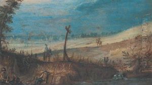 A Landscape With Soldiers Resting By A Path And Two Cavaliers In Arms On Their Mounts, A Village Beyond