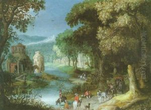 Promeneurs Et Carriole A L'oree Du Bois Dans Un Paysage Fluvial