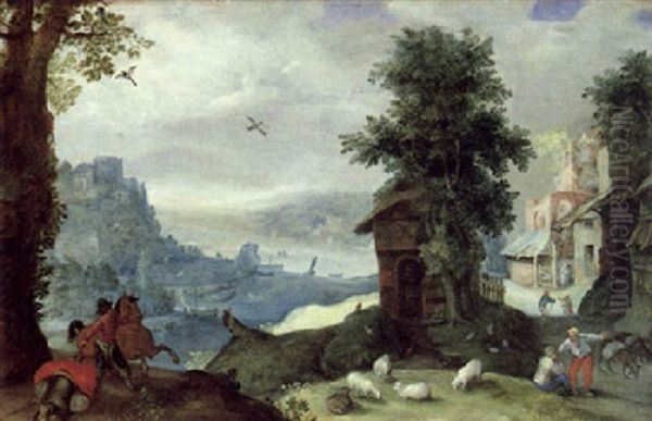 Gebirgige Fluslandschaft Mit Einem Dorf Und Figuren - view 1