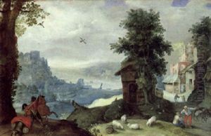 Gebirgige Fluslandschaft Mit Einem Dorf Und Figuren