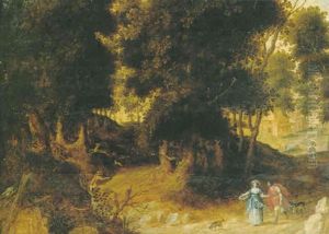 Couple De Promeneurs Et De Chasseurs Dans La Foret by Anton Mirou