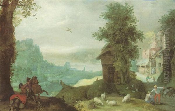 A River Landscape With A Village And Travellers - view 1