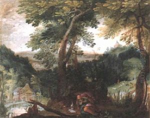 The Penitent Magdalen Praying With An Extensive Landscape Beyond by Anton Mirou