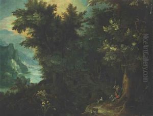 A Wooded River Landscape With Huntsmen Resting On A Track, The Flight Into Egypt Beyond