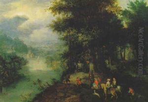 Bewaldete Flusslanschaft Mit Reisenden Und Booten Bewaldete Flusslanschaft Mit Reisenden Und Booten