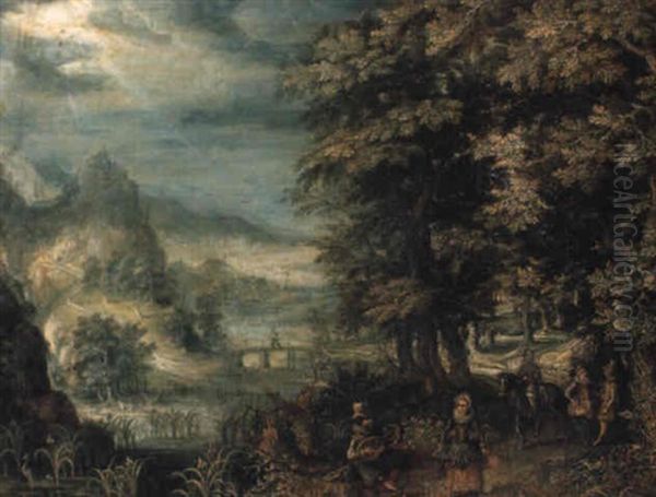 An Extensive River Landscape With A Gentleman Serenading A Lady On A Path - view 1