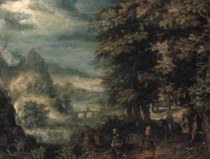 An Extensive River Landscape With A Gentleman Serenading A Lady On A Path
