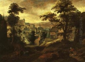 Hugelige Landschaft Mit Einer Stadt by Anton Mirou