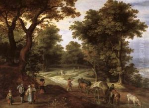 Waldlandschaft Mit Planwagen Und Reisenden