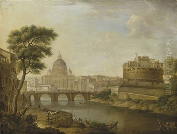 The Tiber, Rome, Looking Downstream With The Castel And Ponte Sant'angelo, Saint Peter's And The Vatican - view 1
