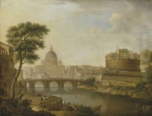 The Tiber, Rome, Looking Downstream With The Castel And Ponte Sant'angelo, Saint Peter's And The Vatican by Thomas Mitchell