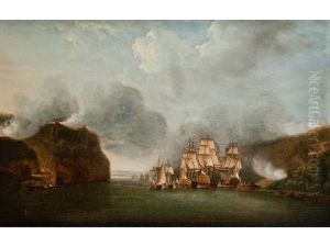 The Tartar, Roebuck And Phoenix Forcing The Passage Of The Hudson River, July 1776 by Thomas Mitchell