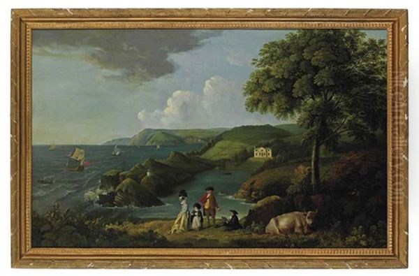 A Coastal Landscape With A Classical House, A Couple With A Child In The Foreground With An Artist Sketching, Shipping At Sea - view 1