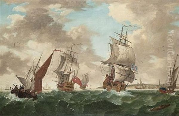 Men O'war Passing In The Channel Off A Fortified Town - view 1