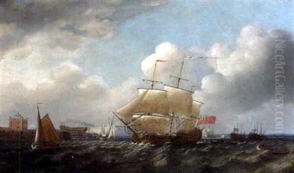 A British Man-o'war Passing Sheerness, With A Large Warship On The Stocks In The Dockyard And Two Vessels Laid Up Offshore - view 1